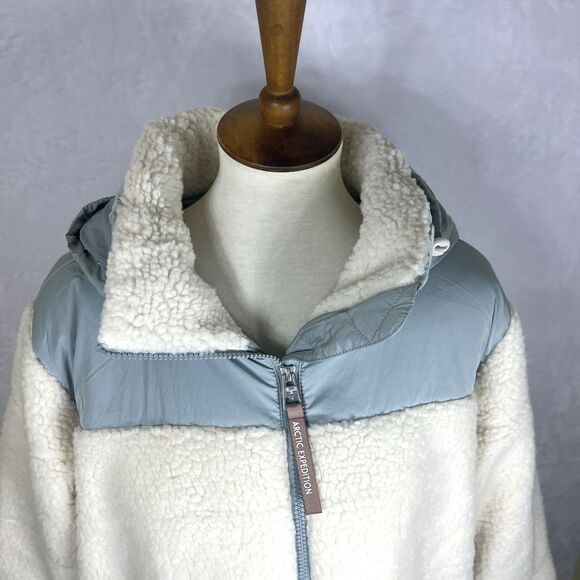 Artic Expedition Women's Berber Coat Hidden Hood Ivory Blue-Grn Size Medium NEW - Picture 3 of 16